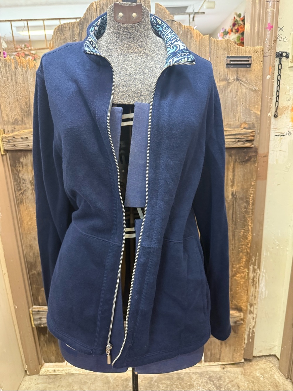 Chico's Navy Zip-Up Bomber Jacket with Patterned Collar